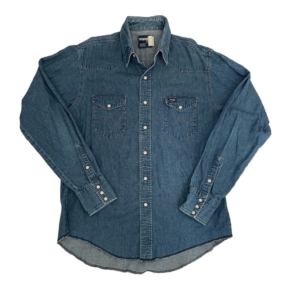 Wrangler Blue Denim Western Cut Pearl Snap Xtra Long Tails Men's 16.5x36 Cowboy - Picture 1 of 6